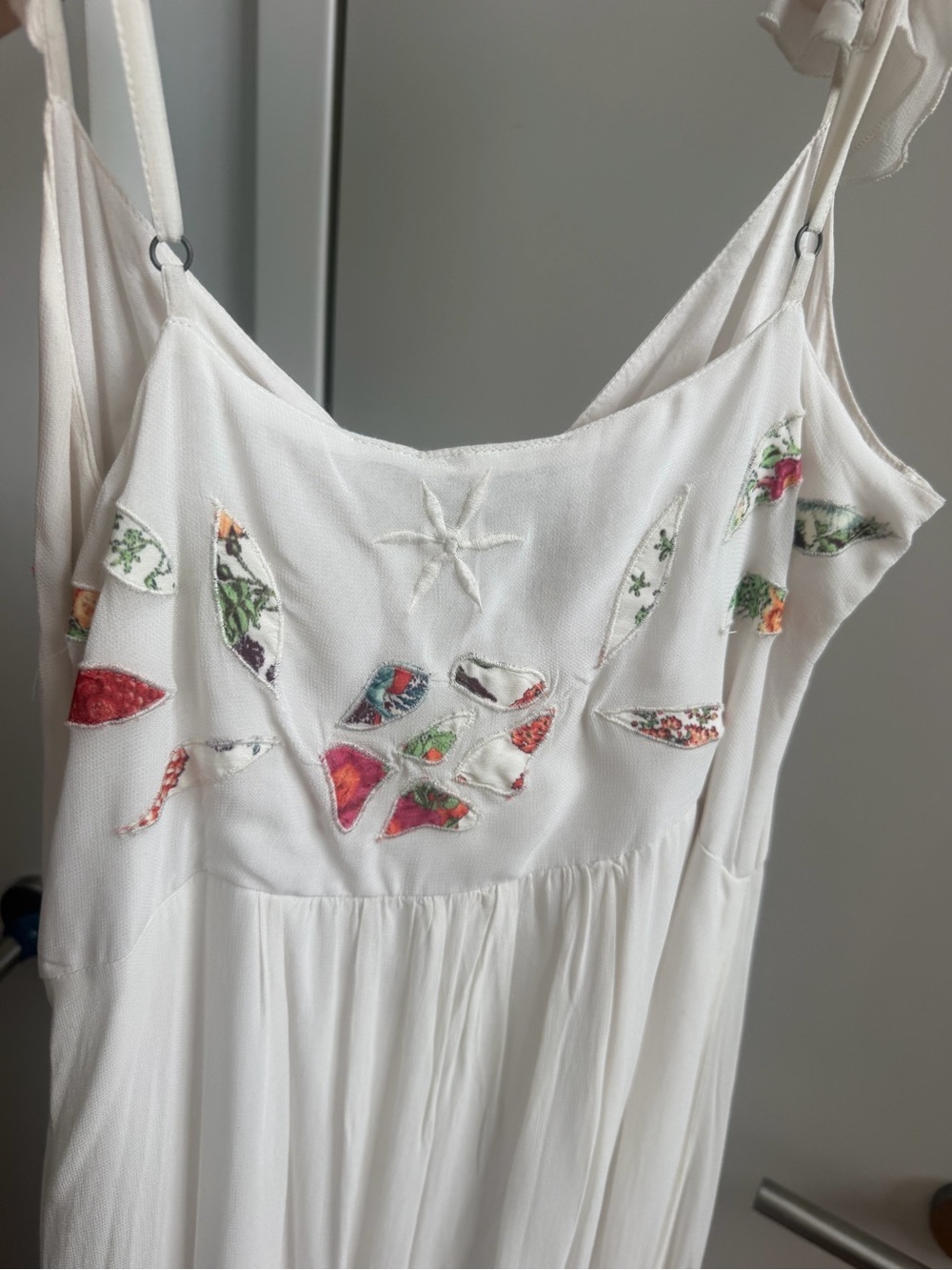 FARM Rio Cream Maxi Dress with Pink & Green Floral Appliqué with ruffle sleeves - Picture 10 of 10